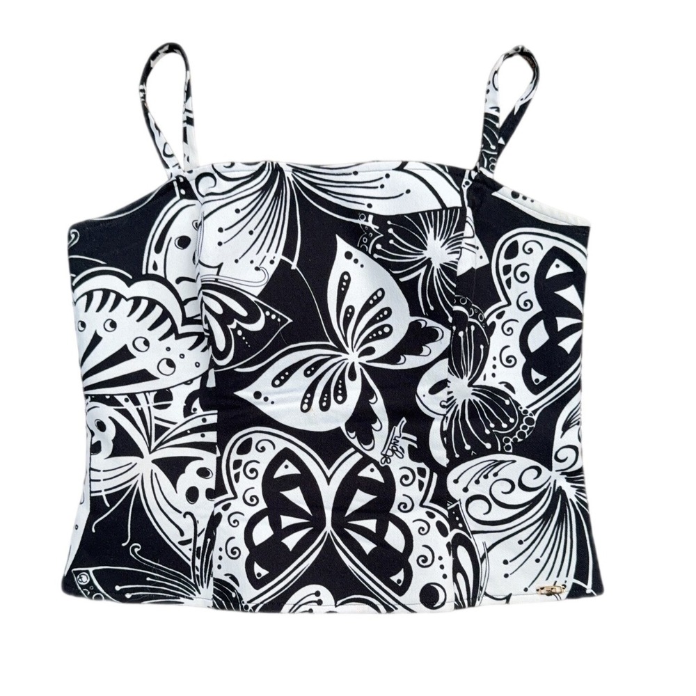 St John Sport Marie Gray Butterfly Print‎ Camisole Top Black White Womens Medium